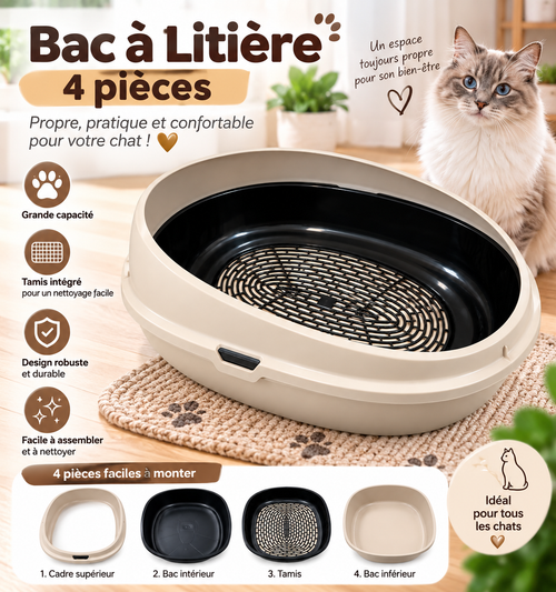 Bac à Litière Ovale Tamiseur – Maison Toilette Ouverte Ergonomique pour Chat