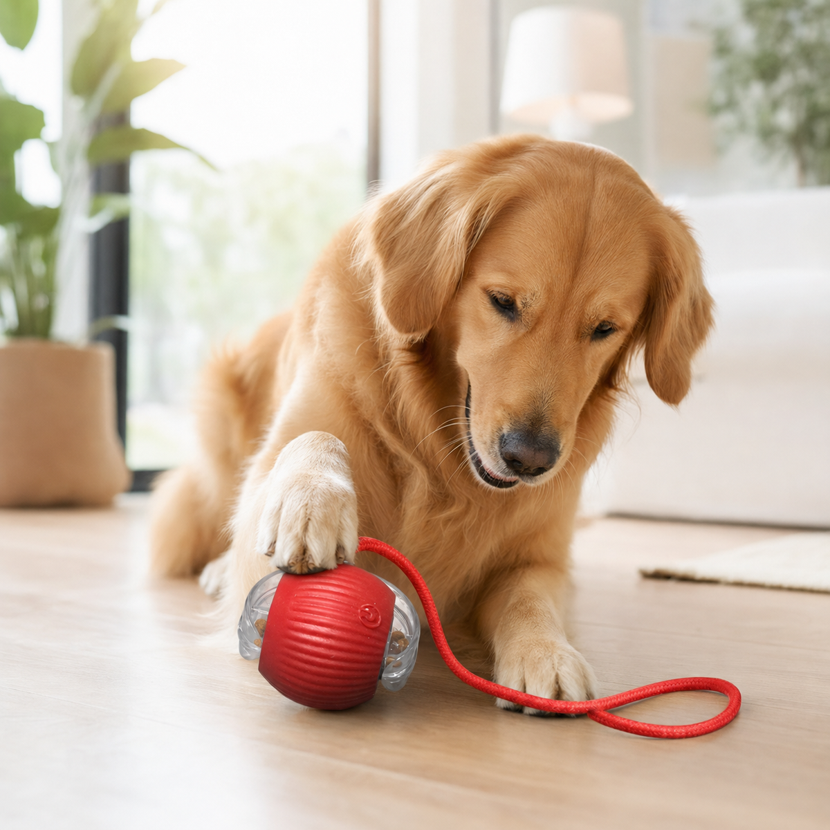 Balle Interactive Intelligente pour Animaux – Jouet Électronique Autonome avec Corde (Rouge)
