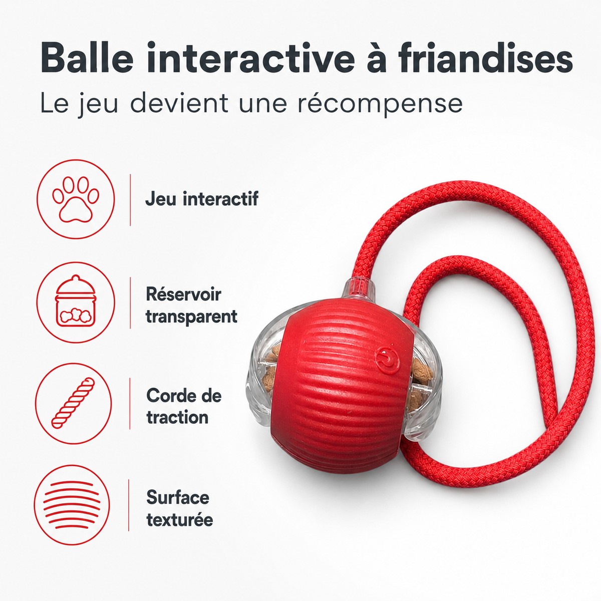 Balle Interactive Intelligente pour Animaux – Jouet Électronique Autonome avec Corde (Rouge)