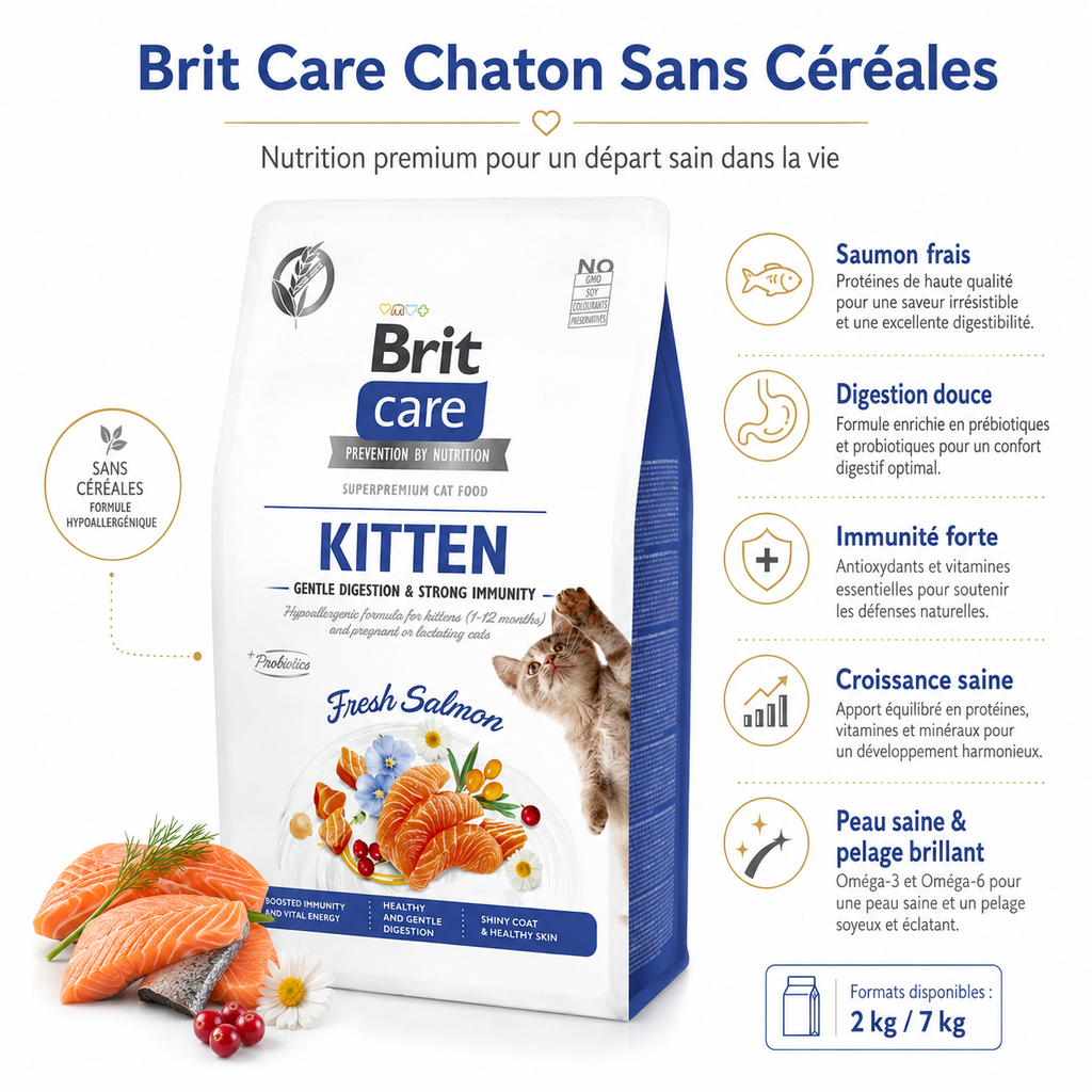 Brit Care Cat Grain-Free Kitten Gentle Digestion & Strong Immunity Croquettes au Saumon Frais (2 kg / 7 kg)