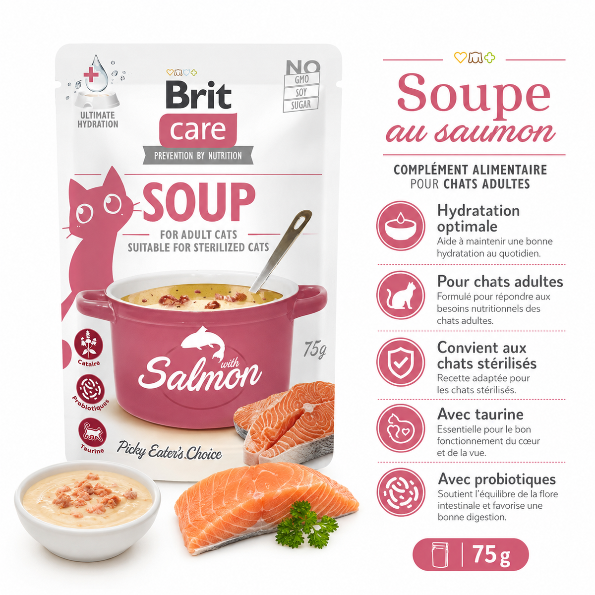 Brit Care Cat حساء السلمون للقطط البالغة والمعقمة (75 جرام)