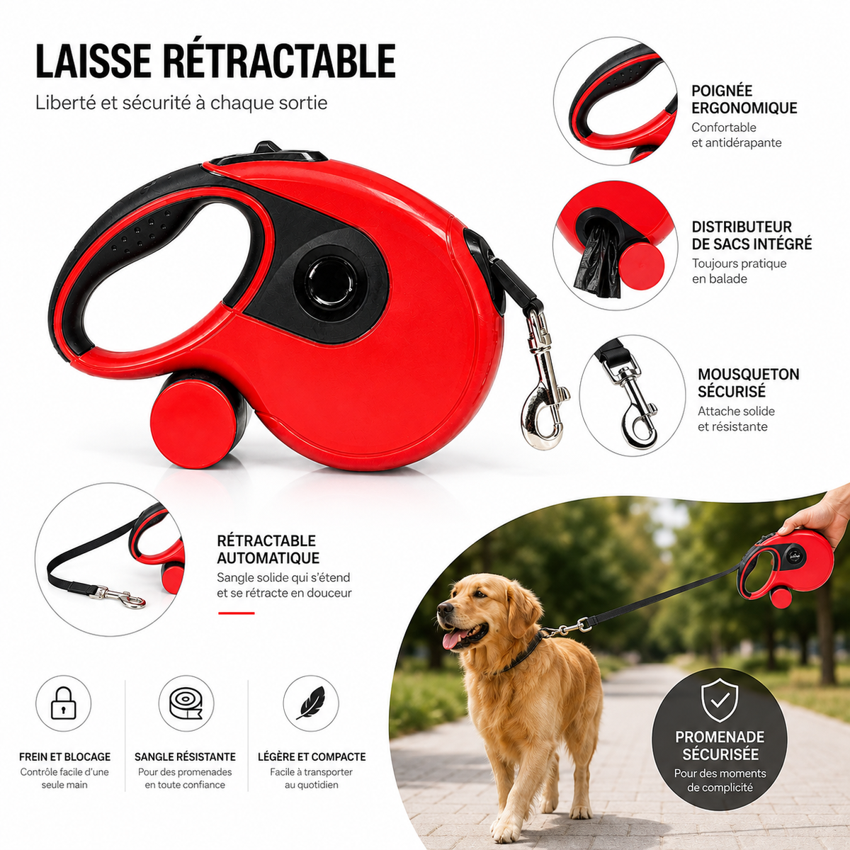 Laisse Rétractable 3-en-1 KimPets avec Lampe LED & Distributeur de Sacs