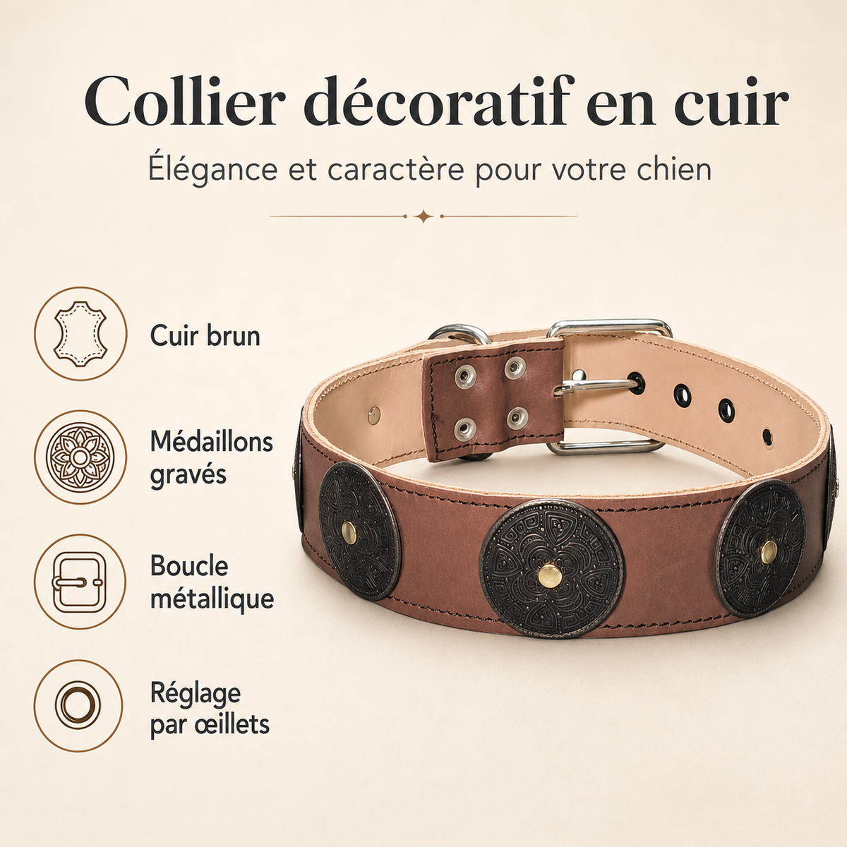 Collier pour Chien en Cuir Véritable – Collier Large Vintage avec Ornements en Métal Gravé (Marron)