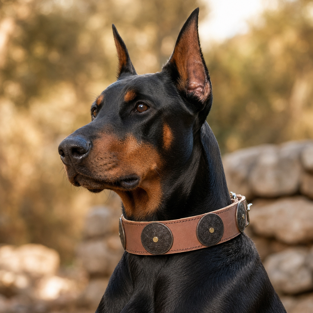 Collier pour Chien en Cuir Véritable – Collier Large Vintage avec Ornements en Métal Gravé (Marron)