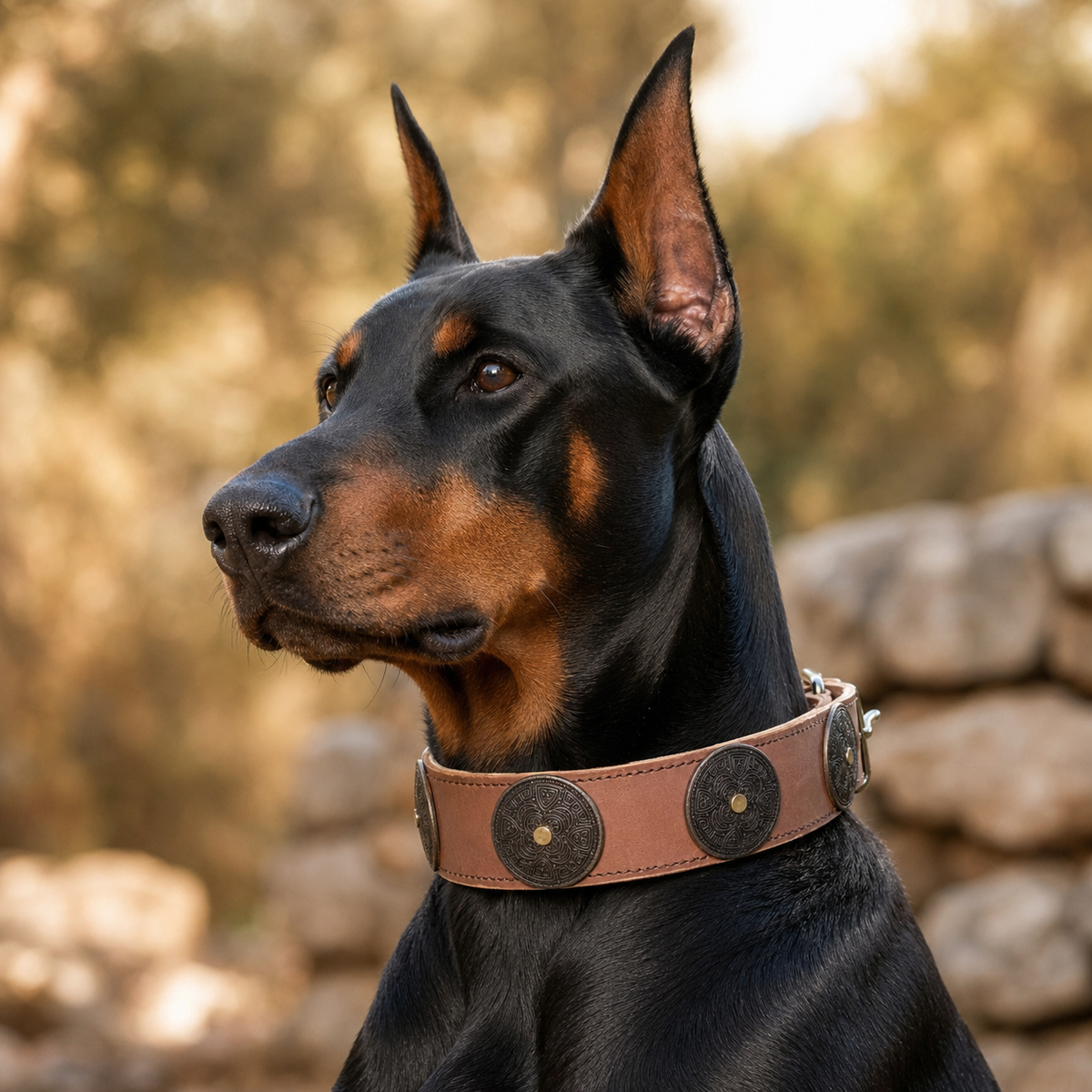 Collier pour Chien en Cuir Véritable – Collier Large Vintage avec Ornements en Métal Gravé (Marron)