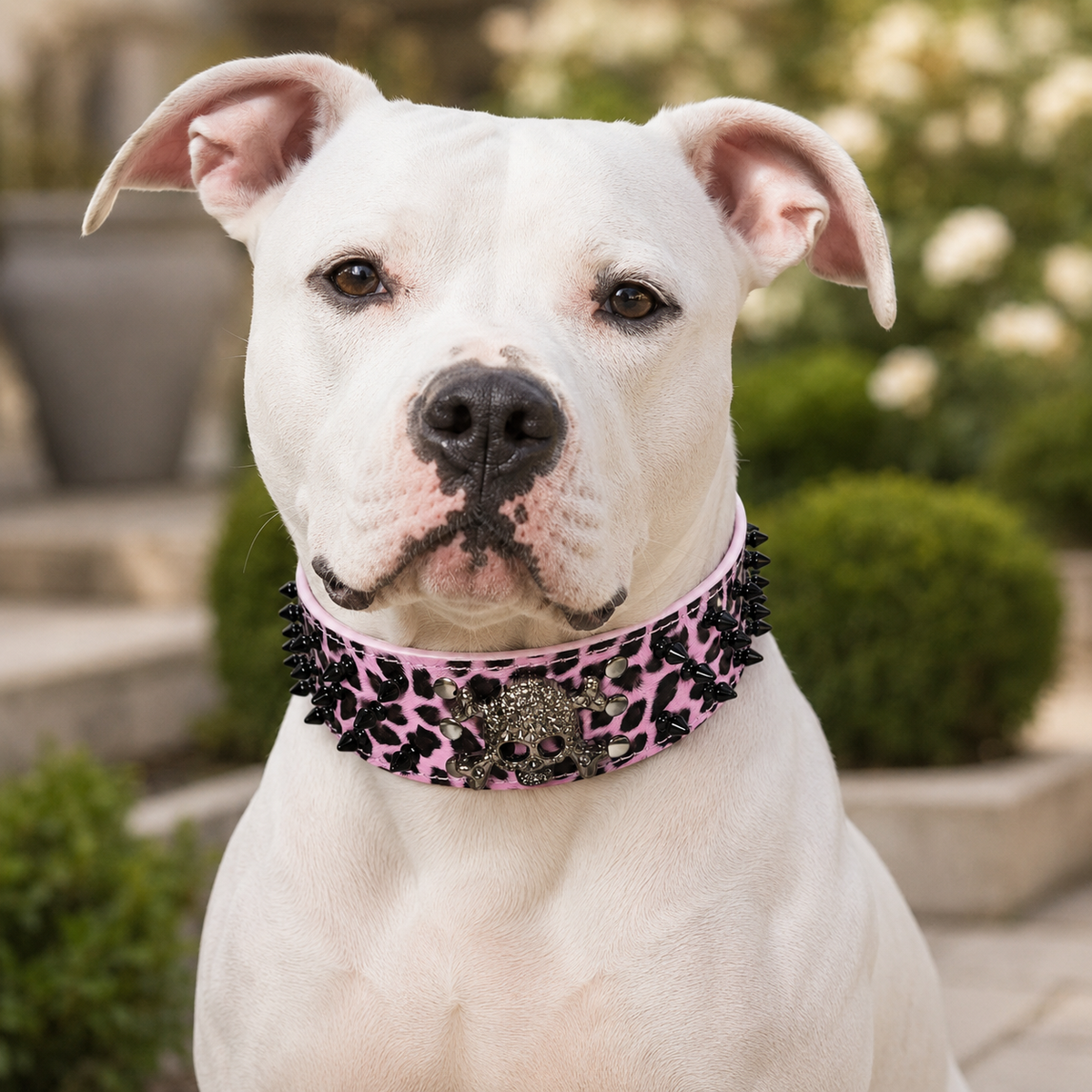 Collier pour Chien Léopard Rose à Picots & Tête de Mort