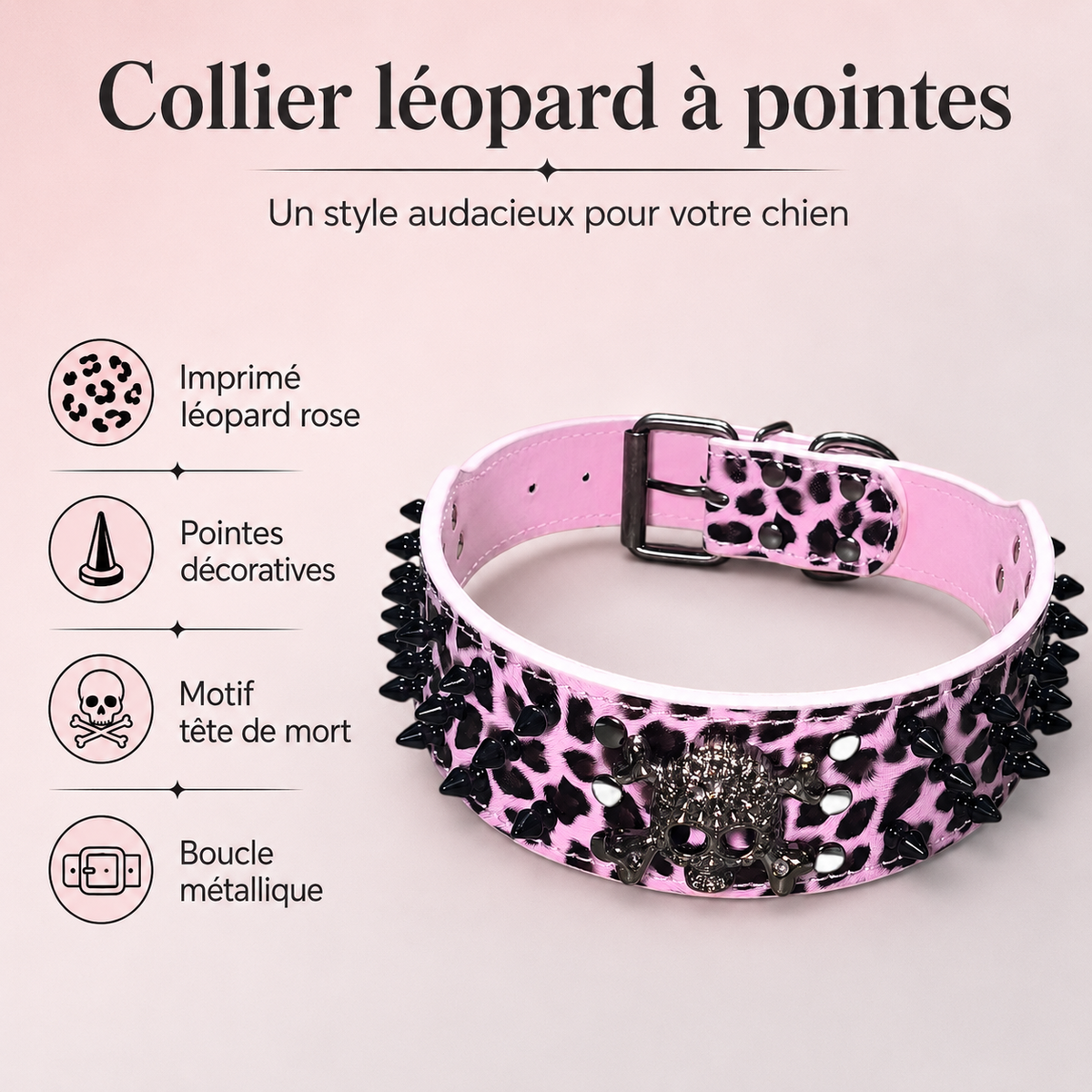 Collier pour Chien Léopard Rose à Picots & Tête de Mort