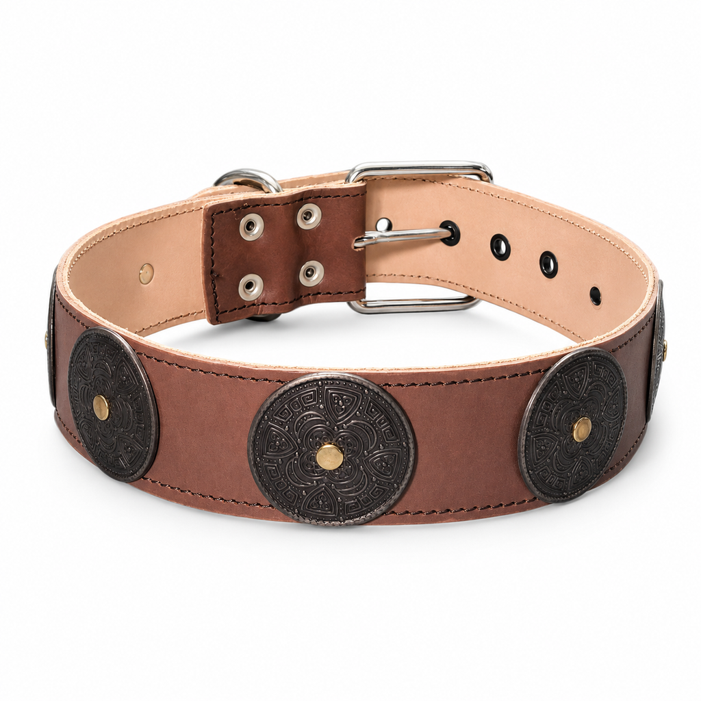 Collier pour Chien en Cuir Véritable – Collier Large Vintage avec Ornements en Métal Gravé (Marron)