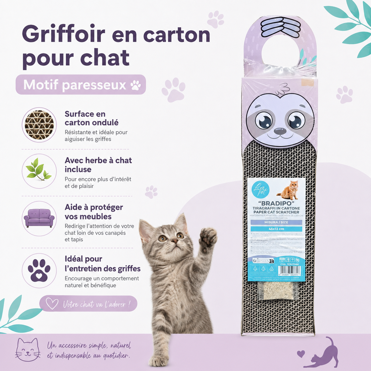 Griffoir en Carton pour Chat Motif Paresseux "Bradipo"