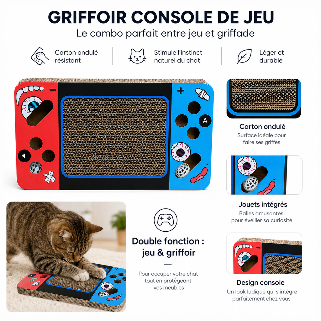 Griffoir pour Chat en Carton "Videogame" – Tapis à Griffer Style Console de Jeu avec Jouets Intégrés, (Leo Pet)