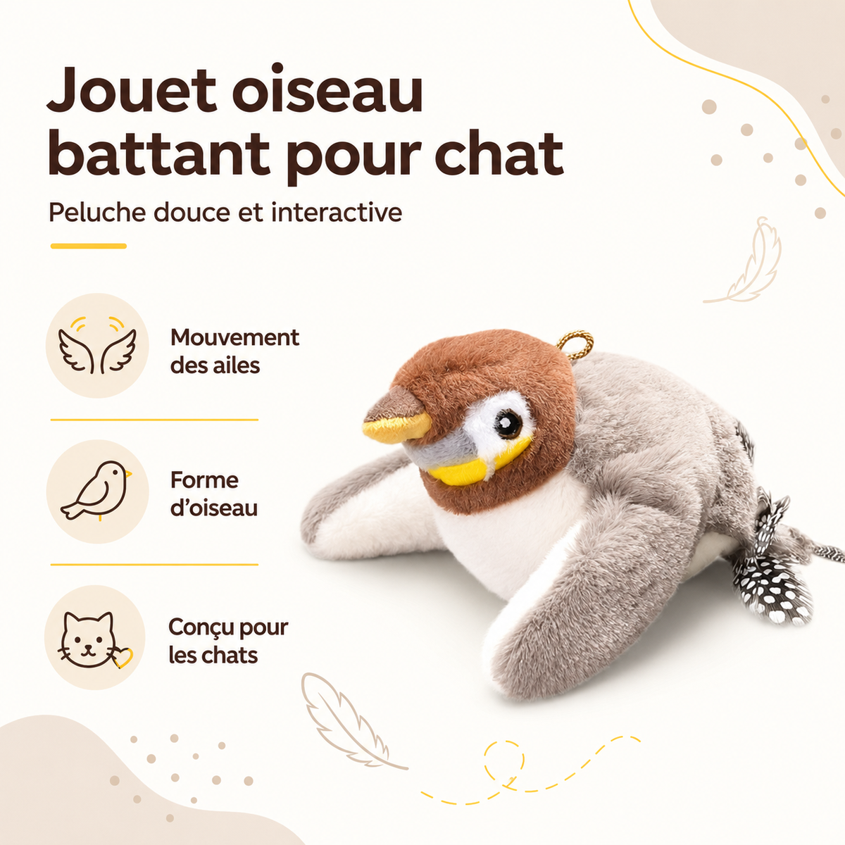 Jouet Interactif pour Chat Oiseau Électrique – Peluche Animale Interactive avec Ailes Battantes et Capteur de Mouvement, Style Pingouin