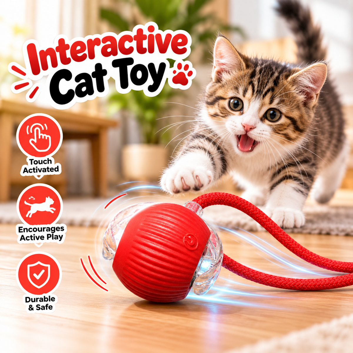 Balle Interactive Intelligente pour Animaux – Jouet Électronique Autonome avec Corde (Rouge)