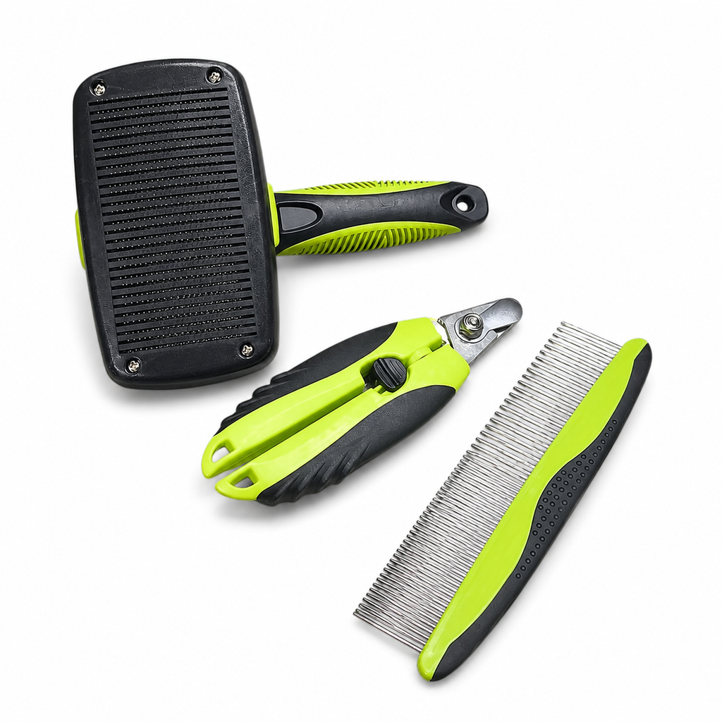 Kit de Toilettage Complet pour Chien et Chat – Set 3-en-1 avec Brosse Carde Autonettoyante, Coupe-Griffes Sécurisé et Peigne Démêlant