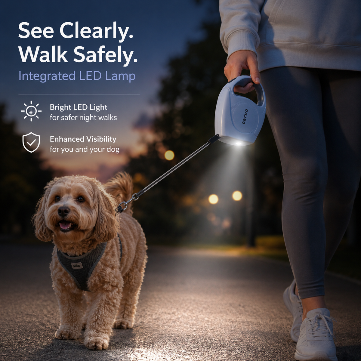 Laisse Rétractable pour Chien avec Lampe LED Intégrée – Enrouleur Automatique de Promenade Sécurisée, Poignée Ergonomique