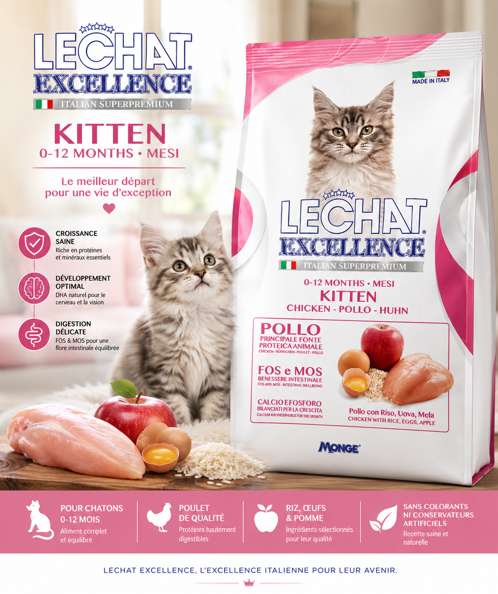 LeChat Excellence Kitten (Poulet, Riz, Œufs & Pomme) – Croquettes Superpremium pour Chaton
