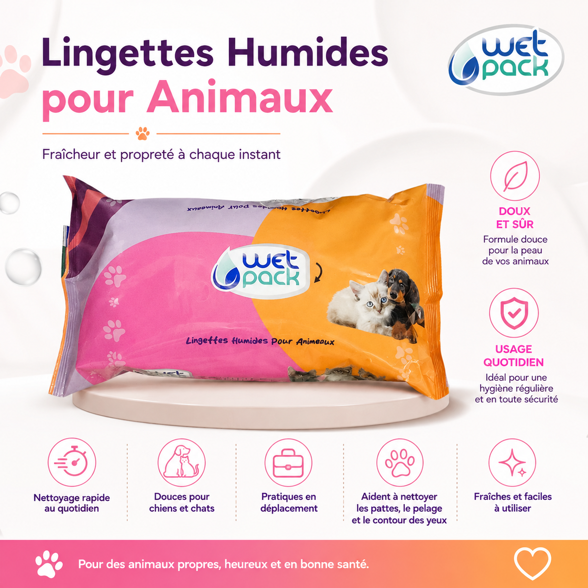 Lingettes Humides pour Animaux – Lingettes Nettoyantes Douces pour Chien et Chat, Soin des Pattes, Poils et Yeux (Wet Pack)