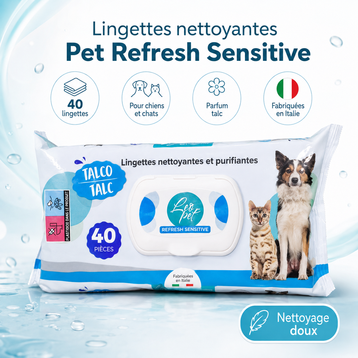 Lingettes Nettoyantes & Purifiantes Peaux Sensibles LeoPet (Parfum Talc)