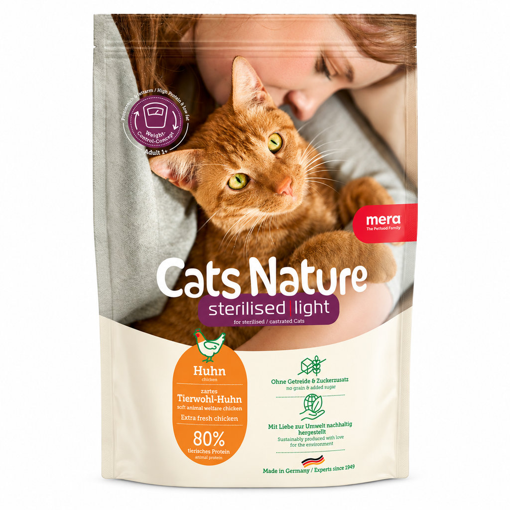 MERA Cats Nature Sterilised Light (Poulet) 2 kg / 10 kg – Croquettes Sans Céréales pour Chat Stérilisé
