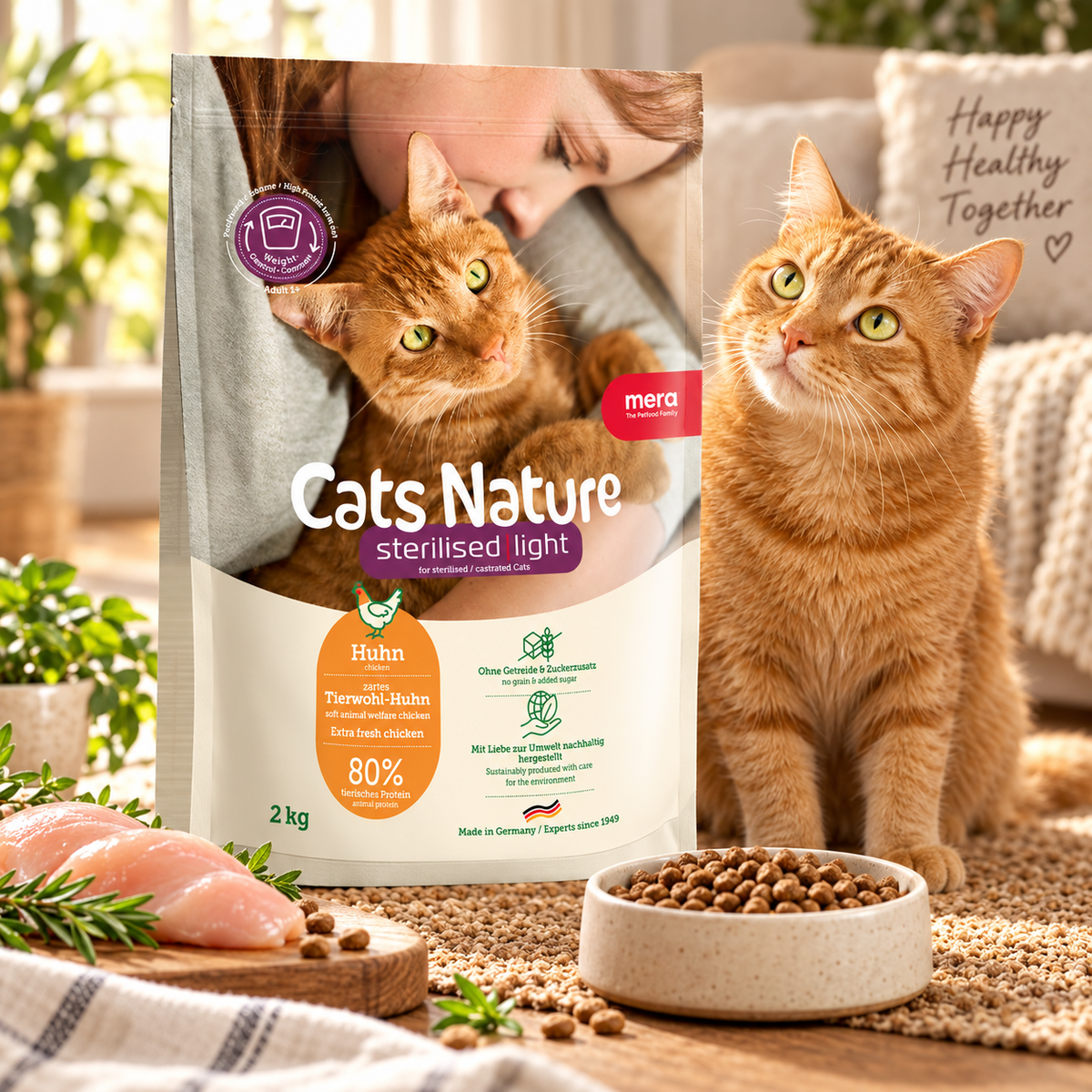 MERA Cats Nature Sterilised Light (Poulet) 2 kg / 10 kg – Croquettes Sans Céréales pour Chat Stérilisé