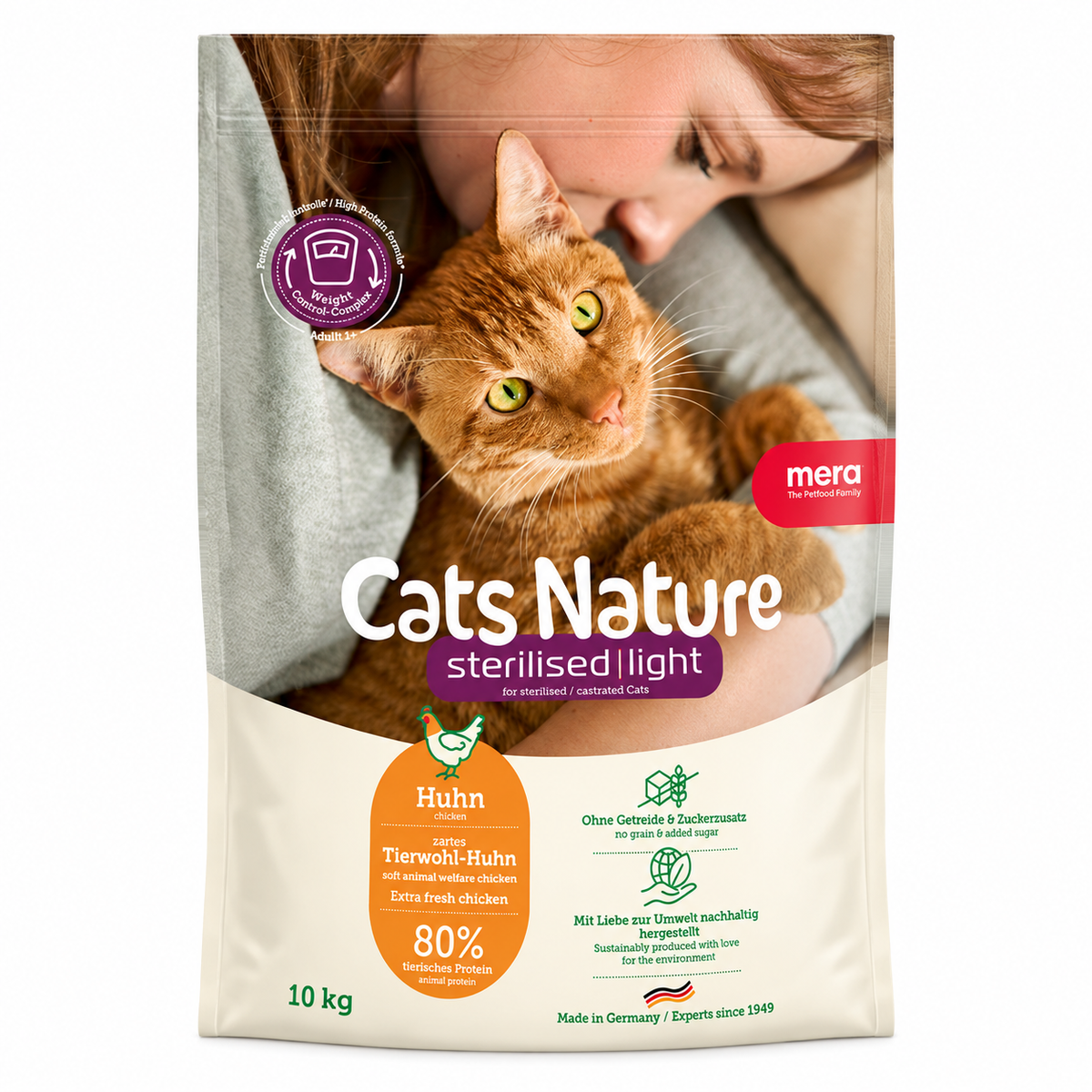 MERA Cats Nature Sterilised Light (Poulet) 2 kg / 10 kg – Croquettes Sans Céréales pour Chat Stérilisé