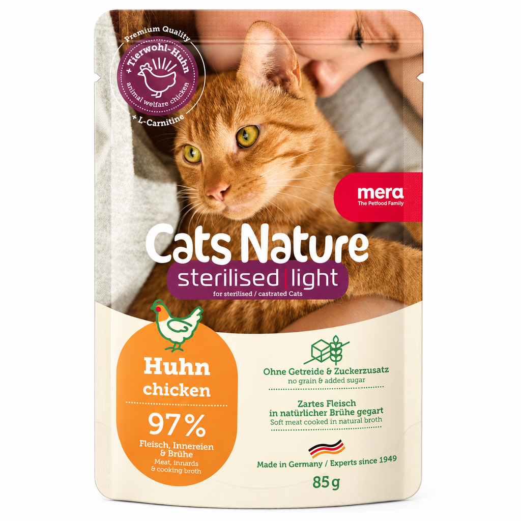 MERA Cats Nature Sterilised Light (Poulet) 85 g – Pâtée Sans Céréales pour Chat Stérilisé