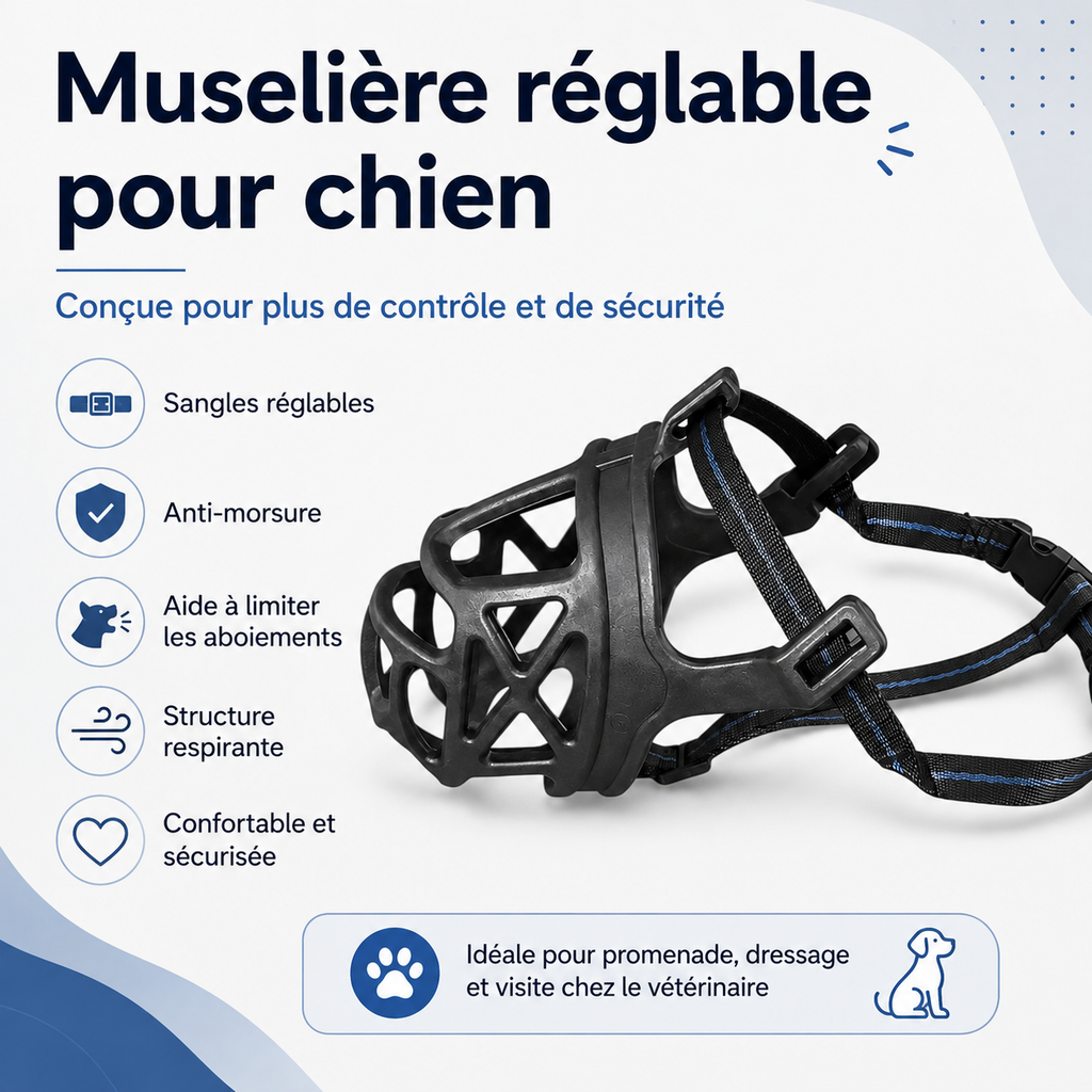 Muselière Ergonomique Réglable pour Chien (Anti-Morsure & Anti-Aboiement)