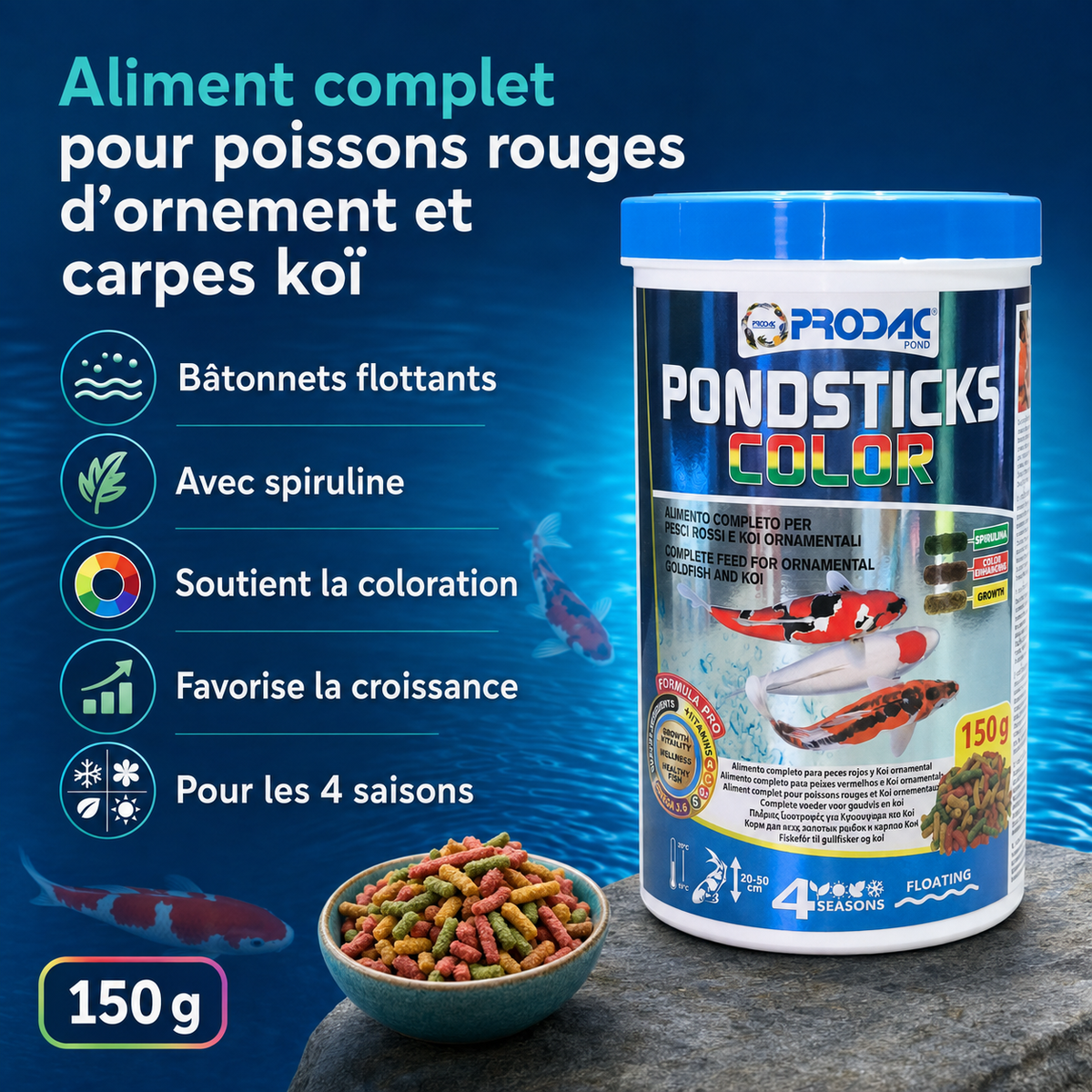 Nourriture en Batonnets Prodac Pondsticks Color pour Poissons Rouges & Carpes Koï (150g)