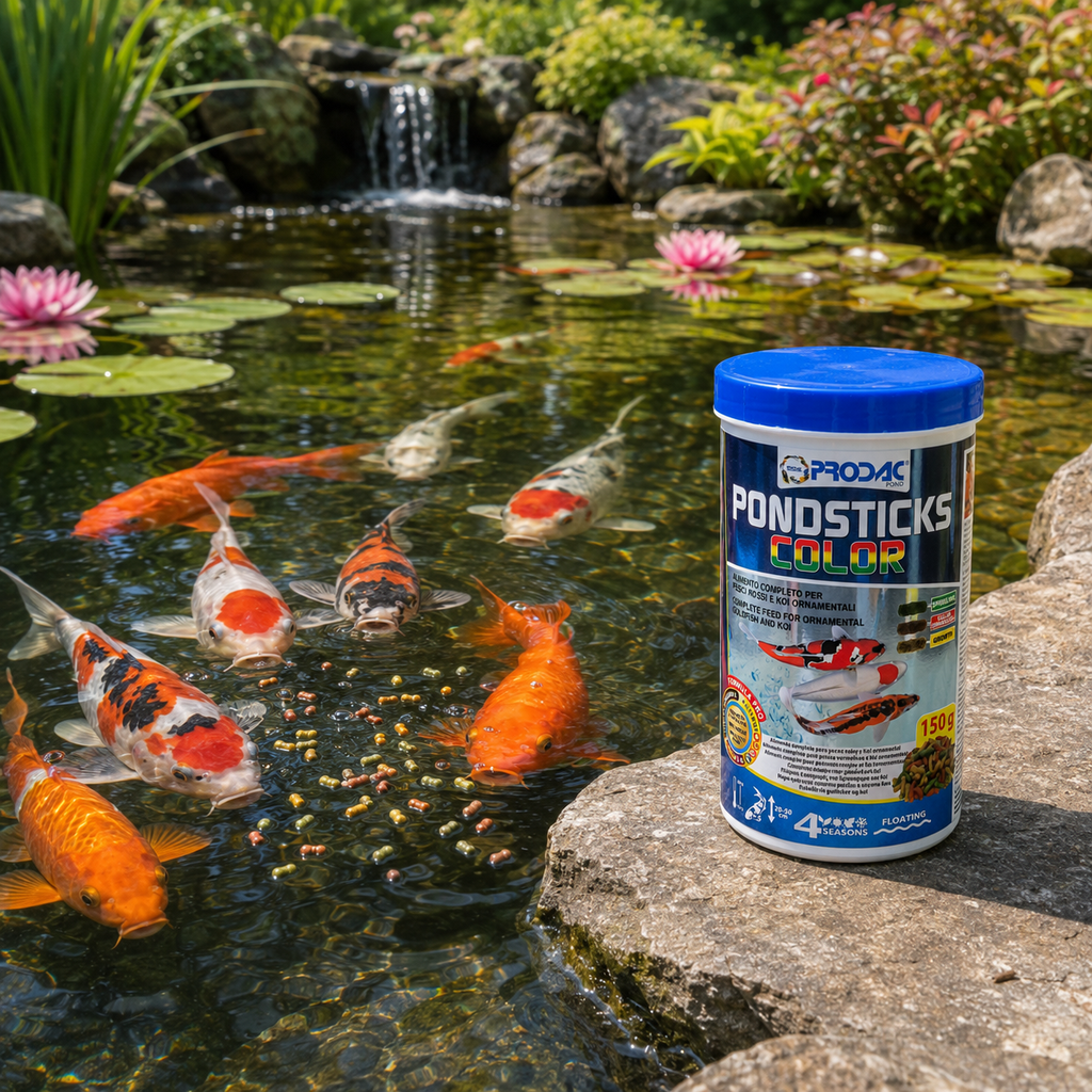 Nourriture en Batonnets Prodac Pondsticks Color pour Poissons Rouges & Carpes Koï (150g)