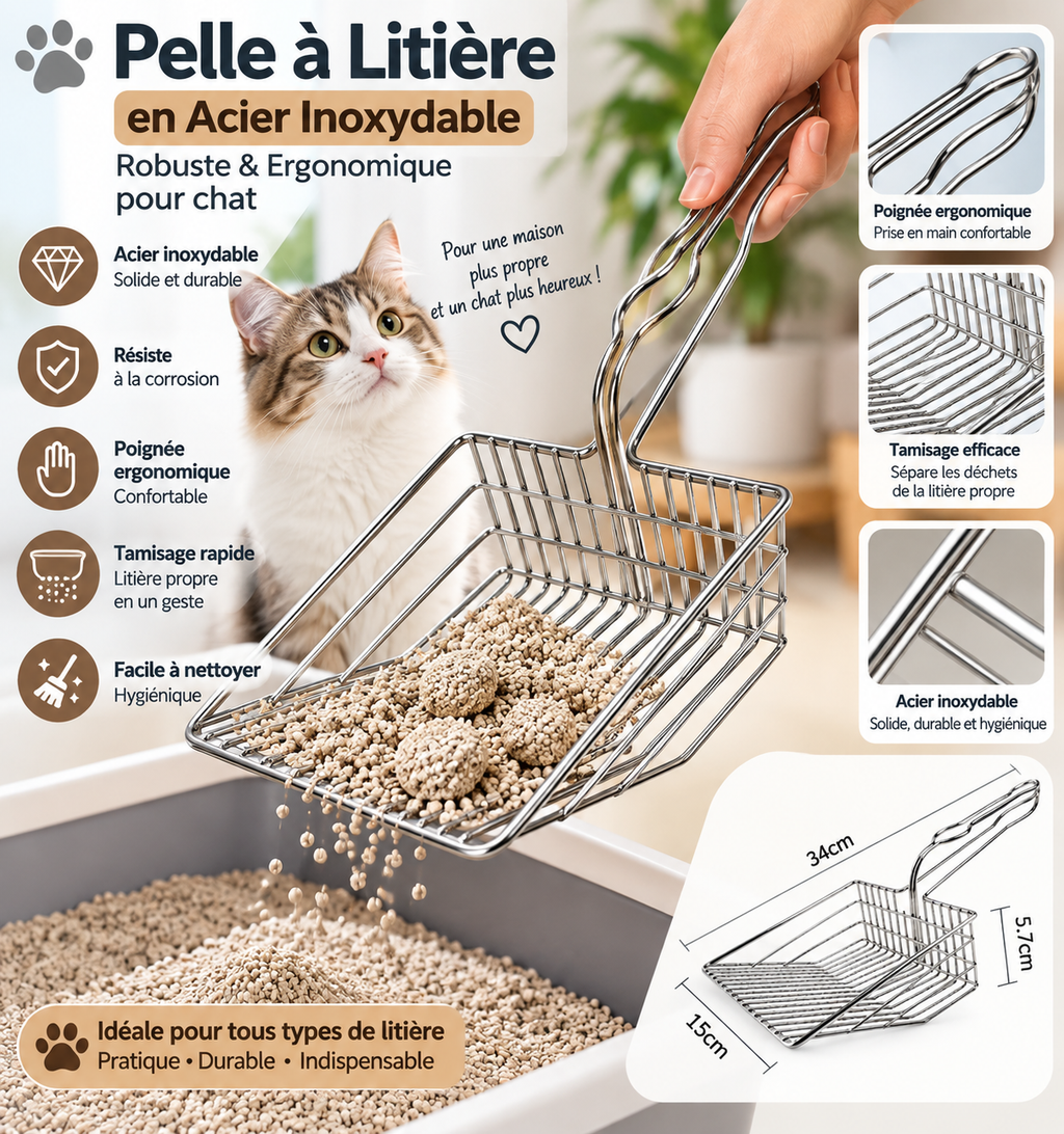 Pelle à Litière en Acier Inoxydable XL – Robuste & Ergonomique