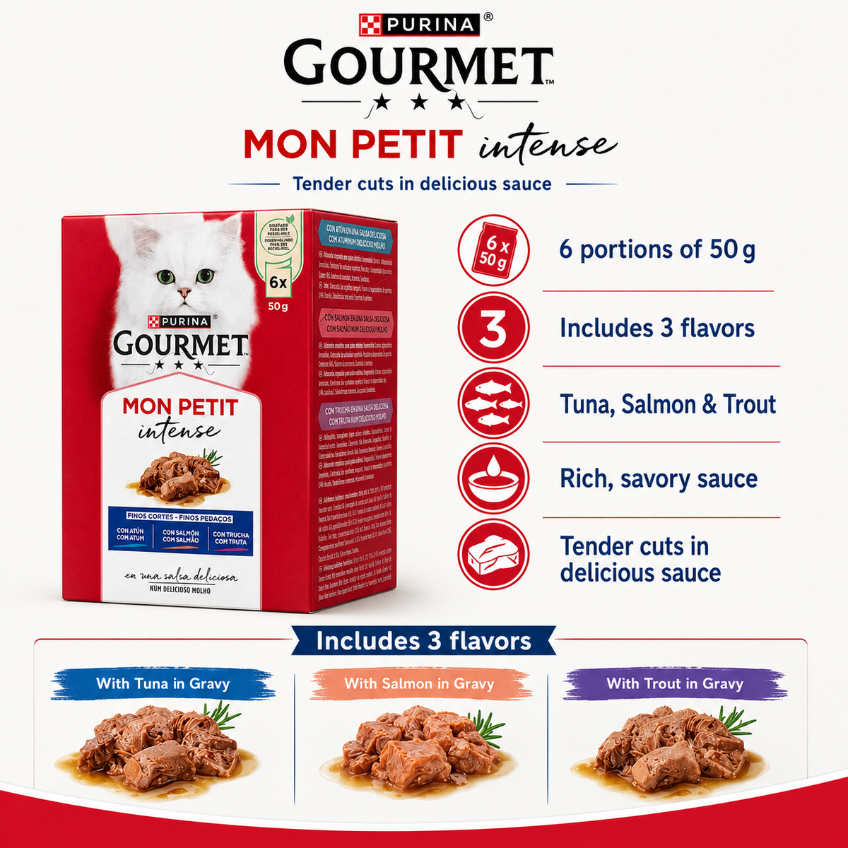 Purina Gourmet Mon Petit Intense - Variété de Poissons en Salsa Délicieuse (6 x 50g)