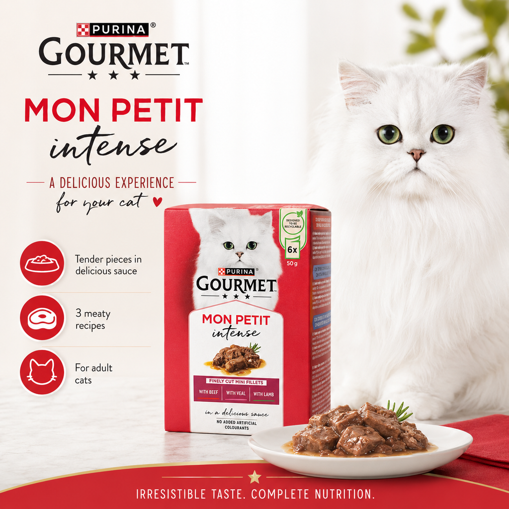 Purina Gourmet Mon Petit Intense - تشكيلة لحوم في صلصة شهية (6 × 50 غ)