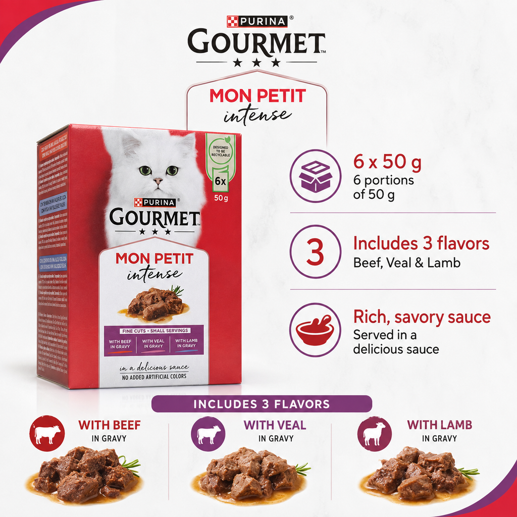 Purina Gourmet Mon Petit Intense - تشكيلة لحوم في صلصة شهية (6 × 50 غ)