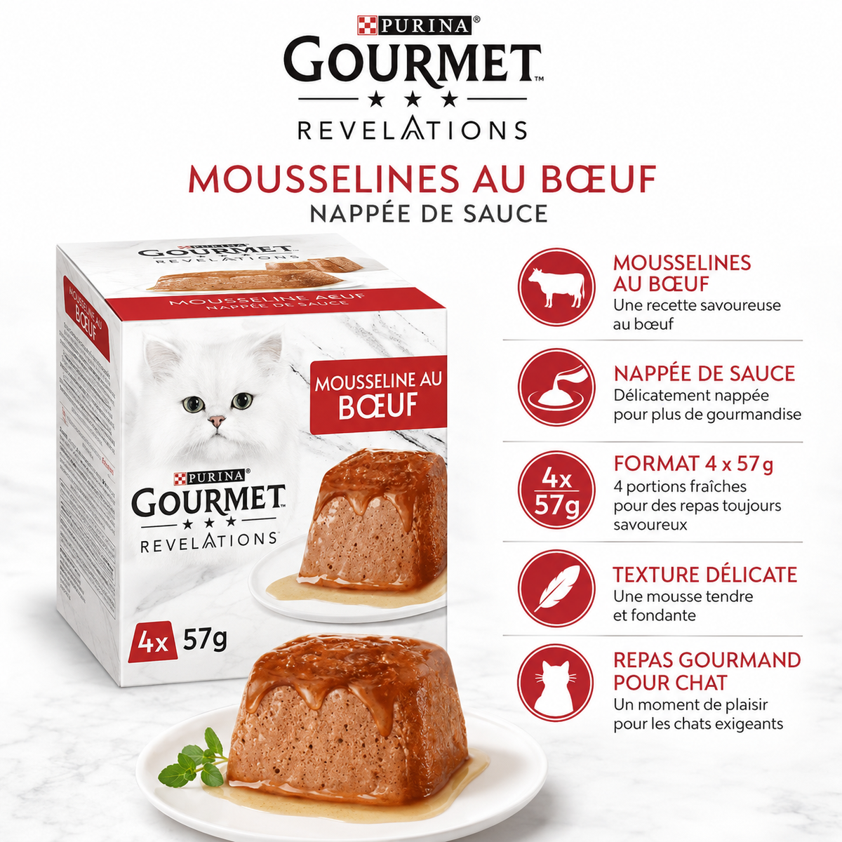 Purina Gourmet Revelations Mousseline au Bœuf Nappée de Sauce pour Chat (4 x 57 g)