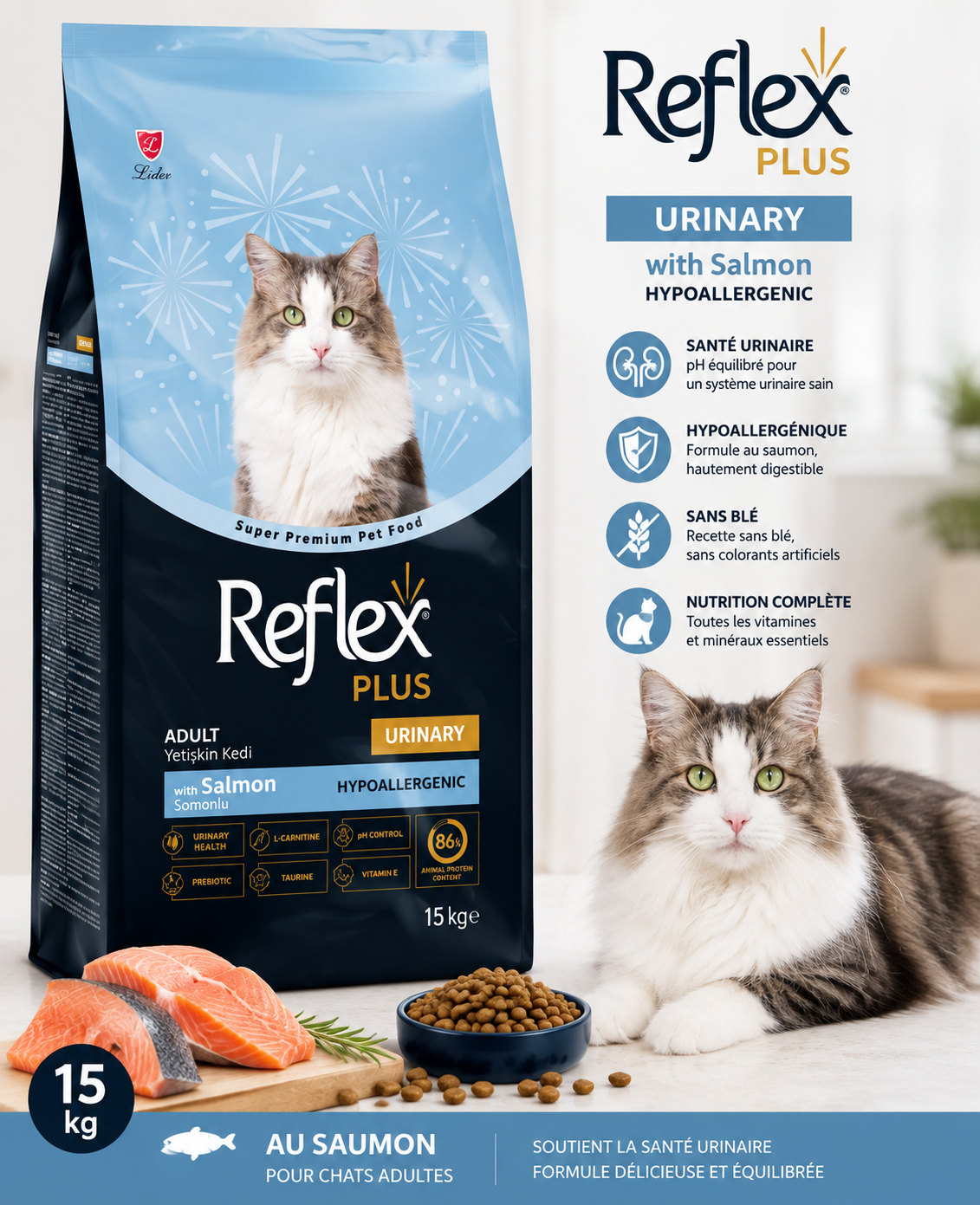 Reflex Plus Adult Cat Urinary (Saumon) 15 kg – Croquettes pour Chat Adulte