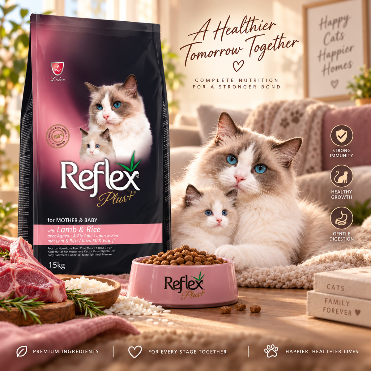 Reflex Plus Cat Mother & Baby (Agneau & Riz) 15 kg – Croquettes pour Chatte & Chaton