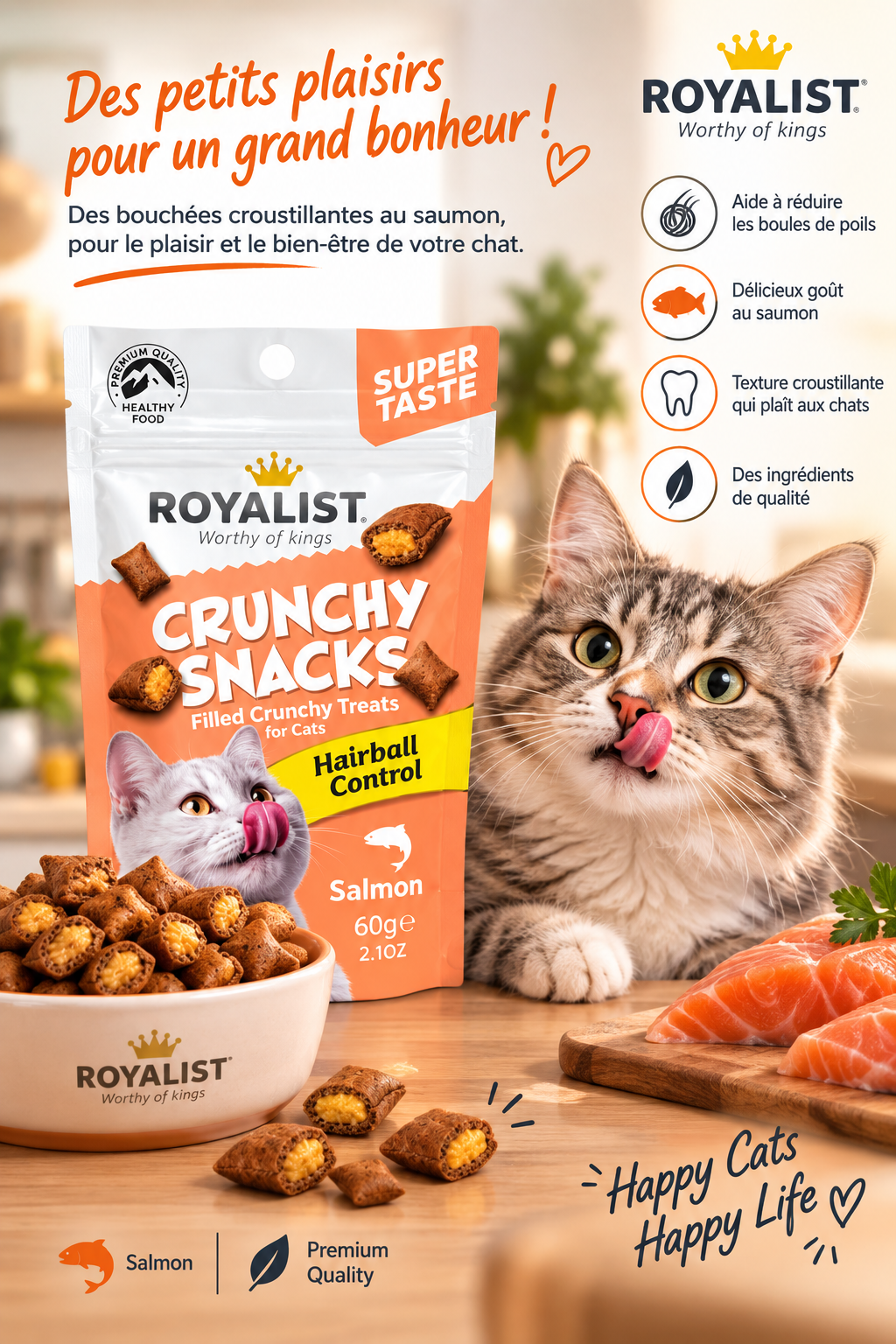 Royalist Crunchy Snacks Hairball Control (Saumon) 60 g – Friandises Croquantes Fourrées pour Chat