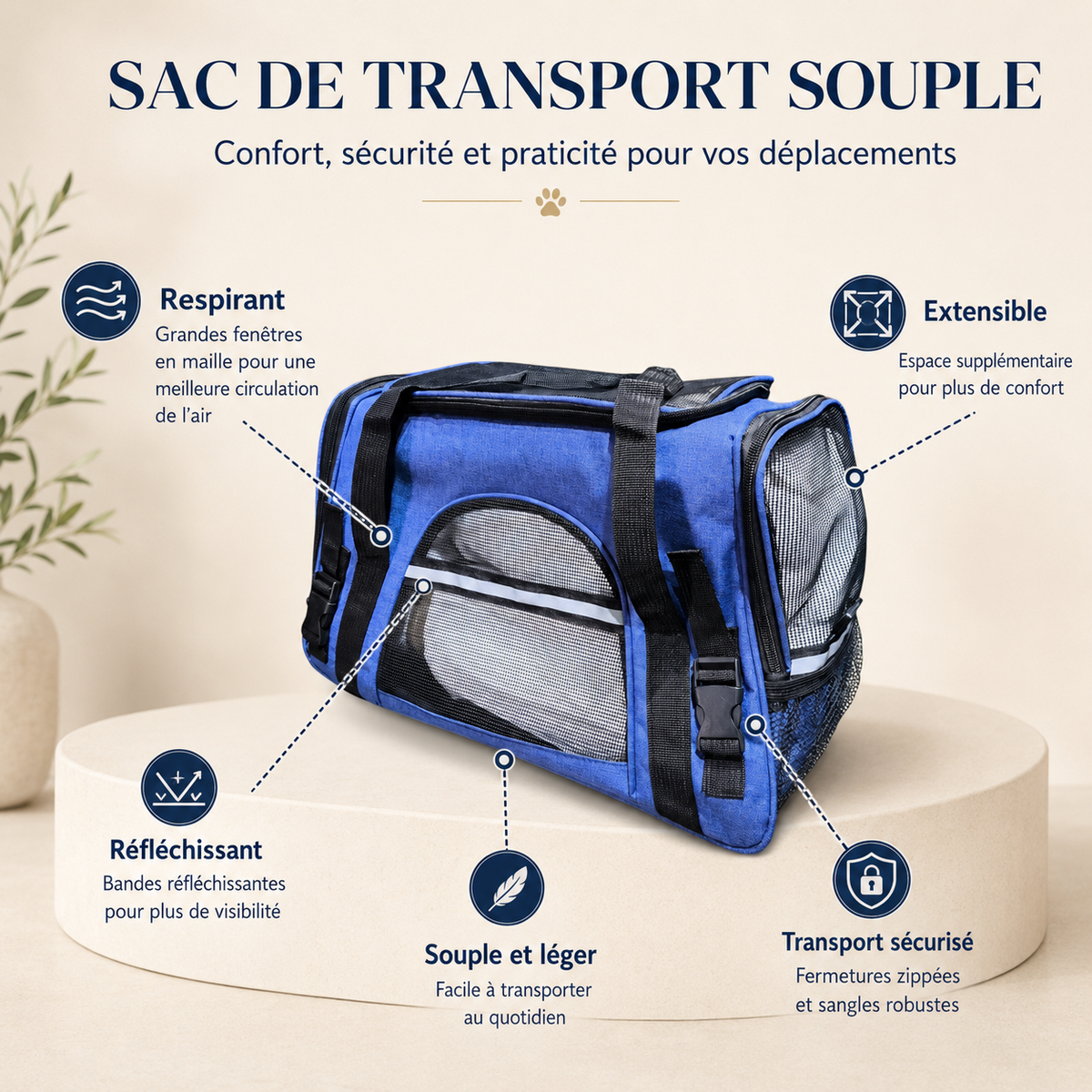 Sac de Transport Souple pour Animaux – Sac à Main Respirant et Extensible avec Bandes Réfléchissantes