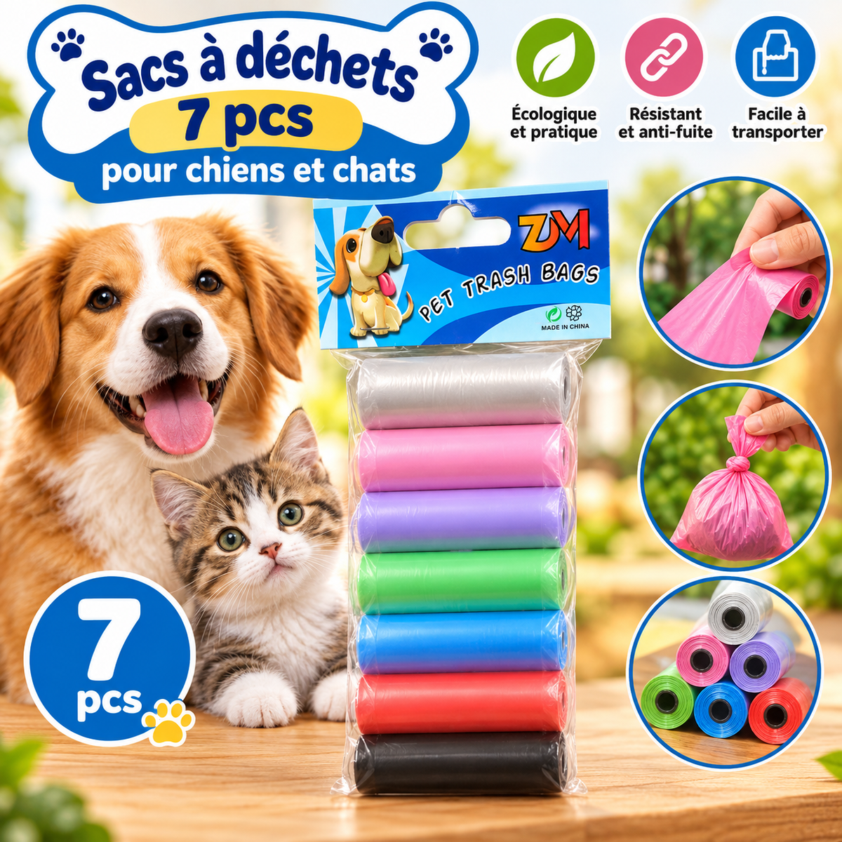Sacs à Déchets pour Chiens et Chats – Lot de 7 Rouleaux Multicolores