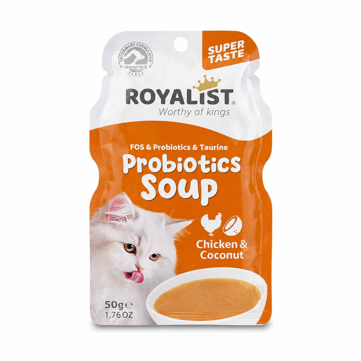 Soupe aux Probiotiques pour Chat Royalist – Aliment Complémentaire Hydratant Poulet & Noix de Coco, Sachet de 50g