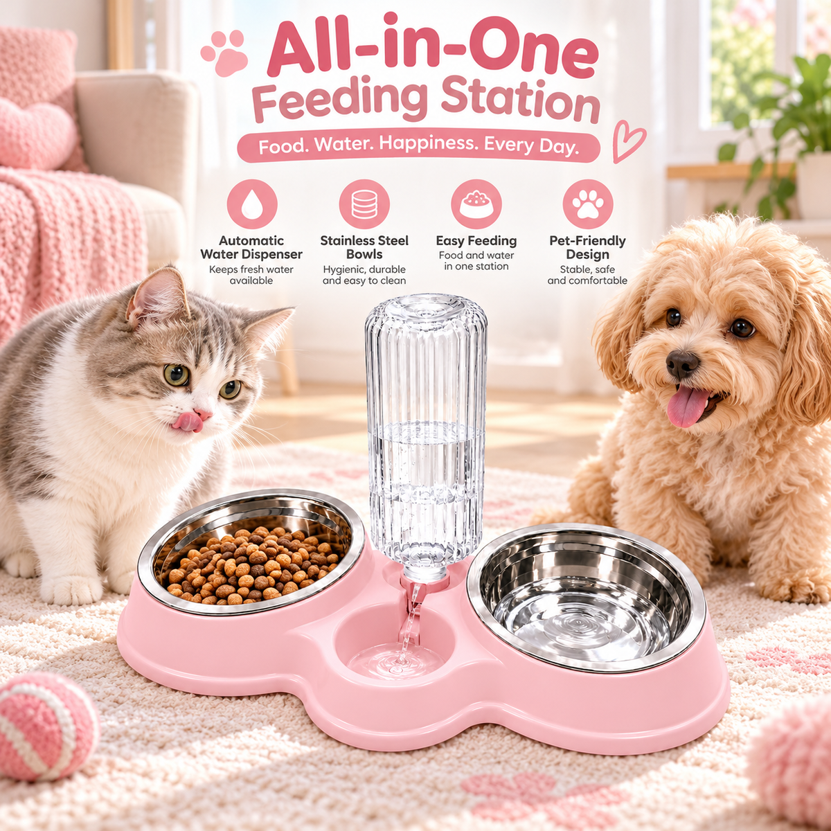 Gamelle XL Double en Inox avec Distributeur d'Eau Automatique pour Chat et Chien