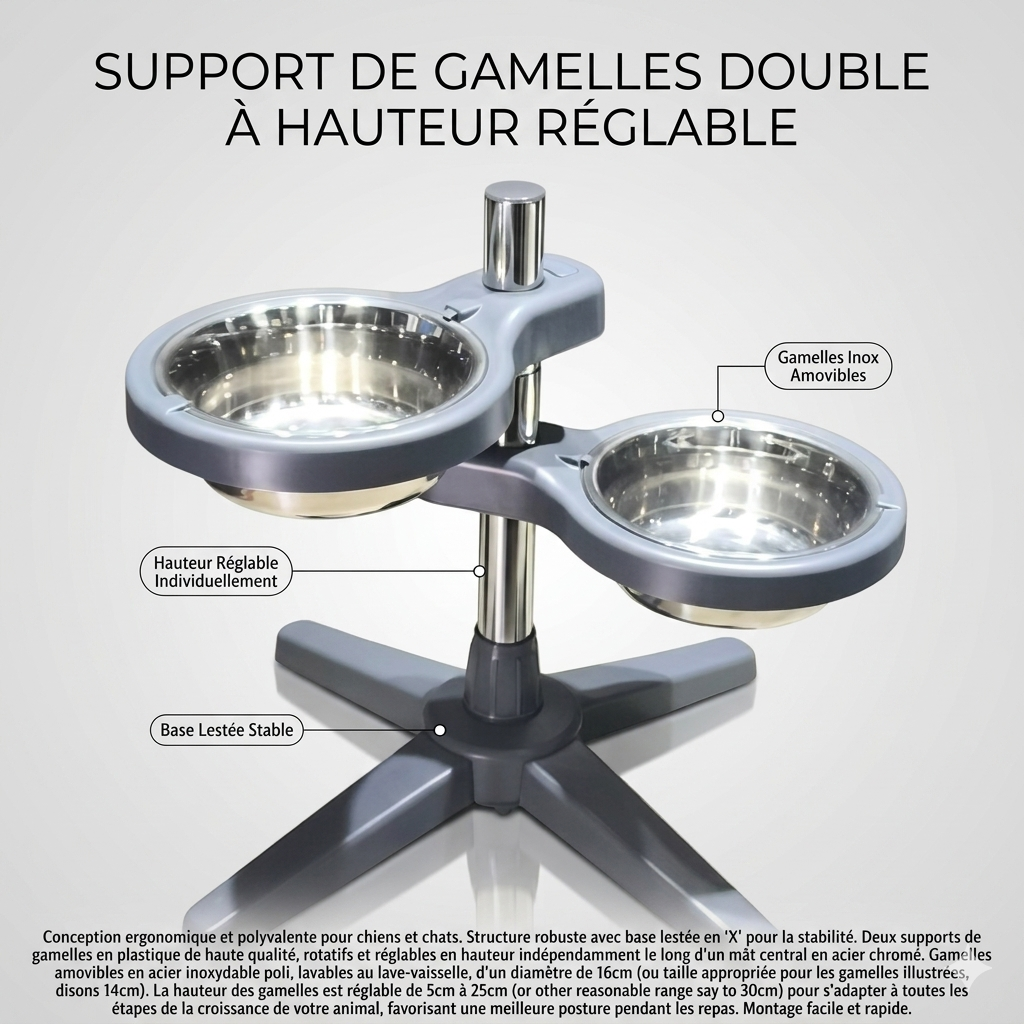 Support de Gamelles Double Réglable en Hauteur – Station d'Alimentation Surélevée avec 2 Bols en Inox Amovibles, Pied Stable Antidérapant