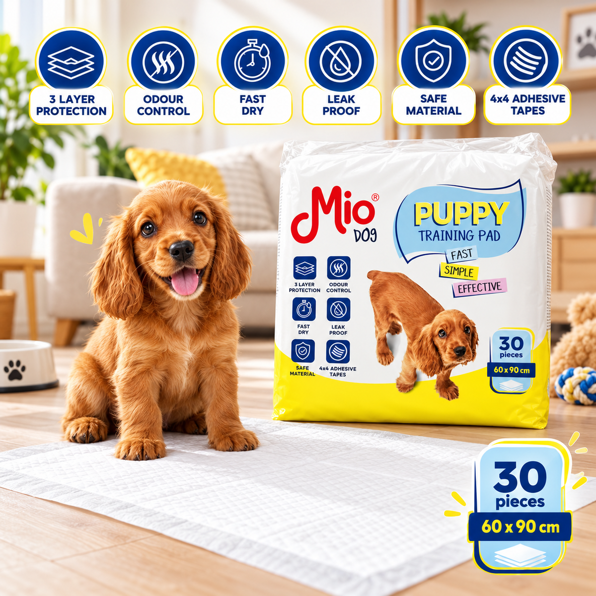 Tapis d'Éducation d'Propreté Mio Dog Puppy Training Pad (60 x 90 cm - 30 Pièces)