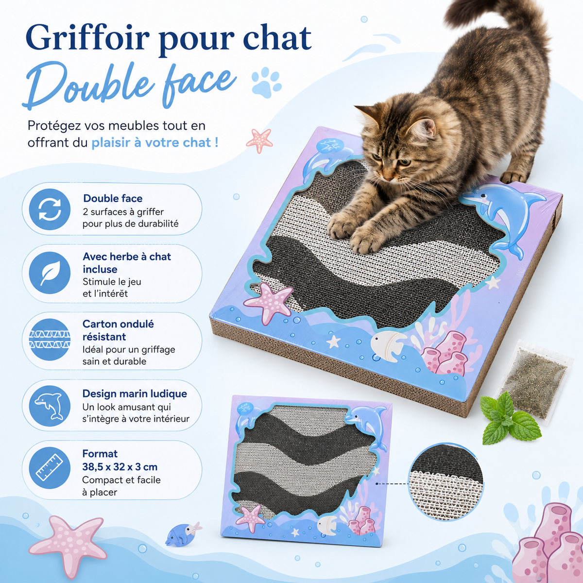 Tapis griffoir thématique marine Leopet double face avec herbe à chat incluse