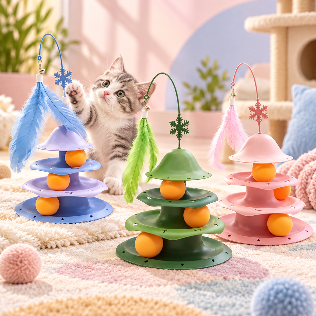 Tour de Jeu Interactive à 3 Niveaux avec Plumeau pour Chats