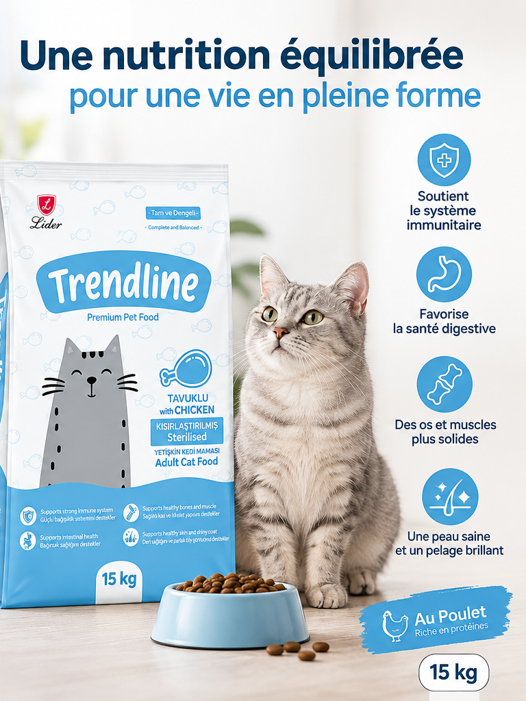 Trendline Adult Cat Sterilised (Poulet) 15 kg – Croquettes pour Chat Stérilisé