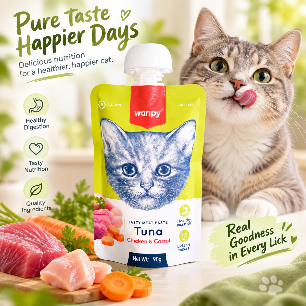 Wanpy Tasty Meat Paste (Thon, Poulet & Carotte) 90 g – Friandise Liquide à Laper pour Chat