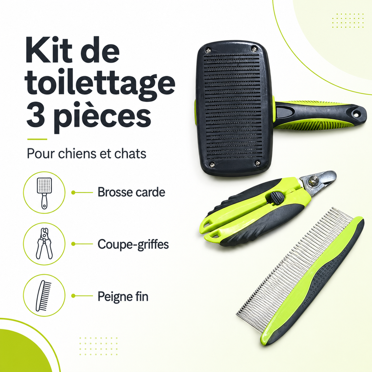 Kit de Toilettage Complet pour Chien et Chat – Set 3-en-1 avec Brosse Carde Autonettoyante, Coupe-Griffes Sécurisé et Peigne Démêlant