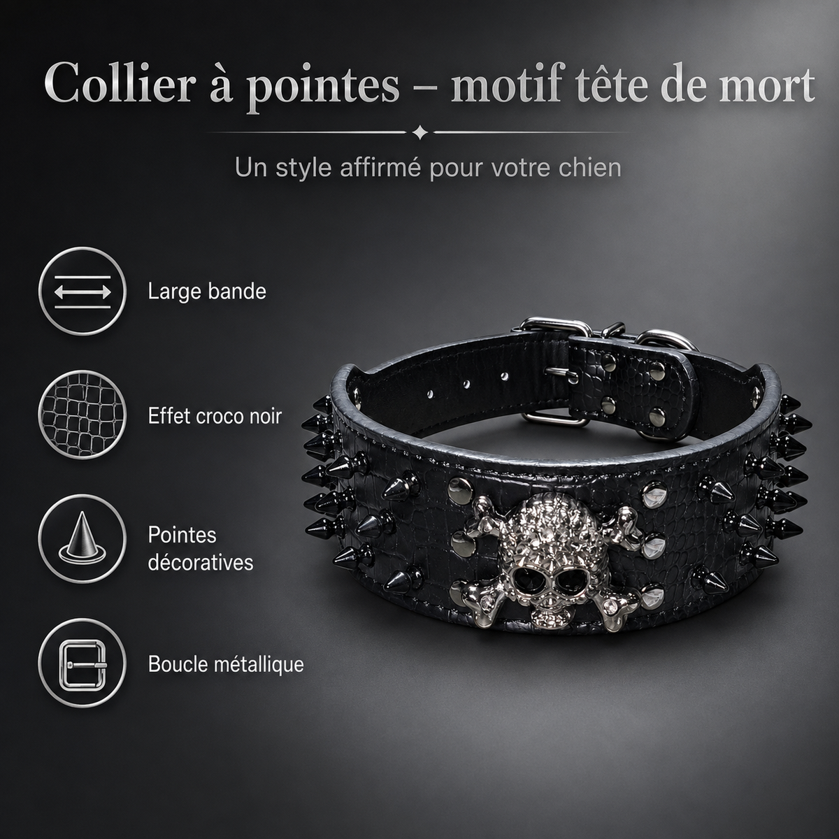 Collier Chien Tête de Mort à Picots – Collier Large en Cuir Crocodile Rock (Noir)