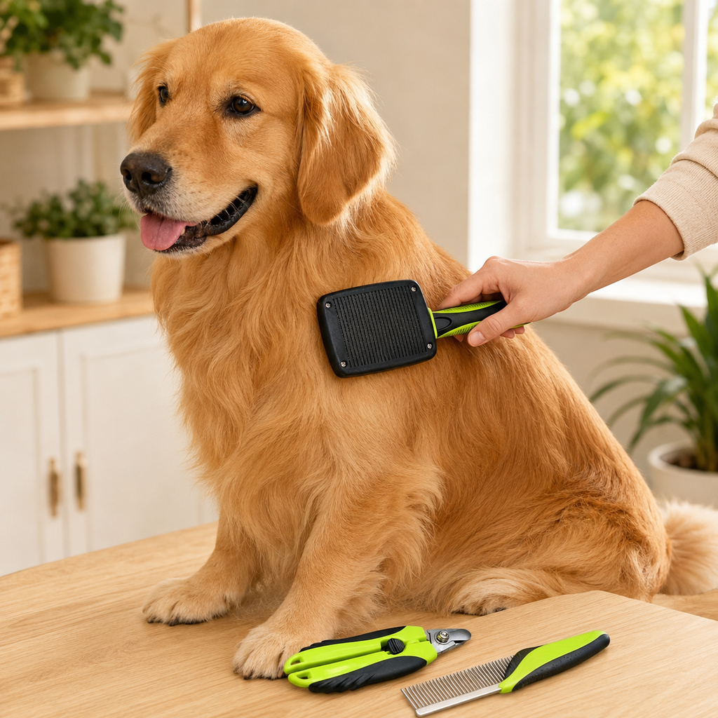 Kit de Toilettage Complet pour Chien et Chat – Set 3-en-1 avec Brosse Carde Autonettoyante, Coupe-Griffes Sécurisé et Peigne Démêlant