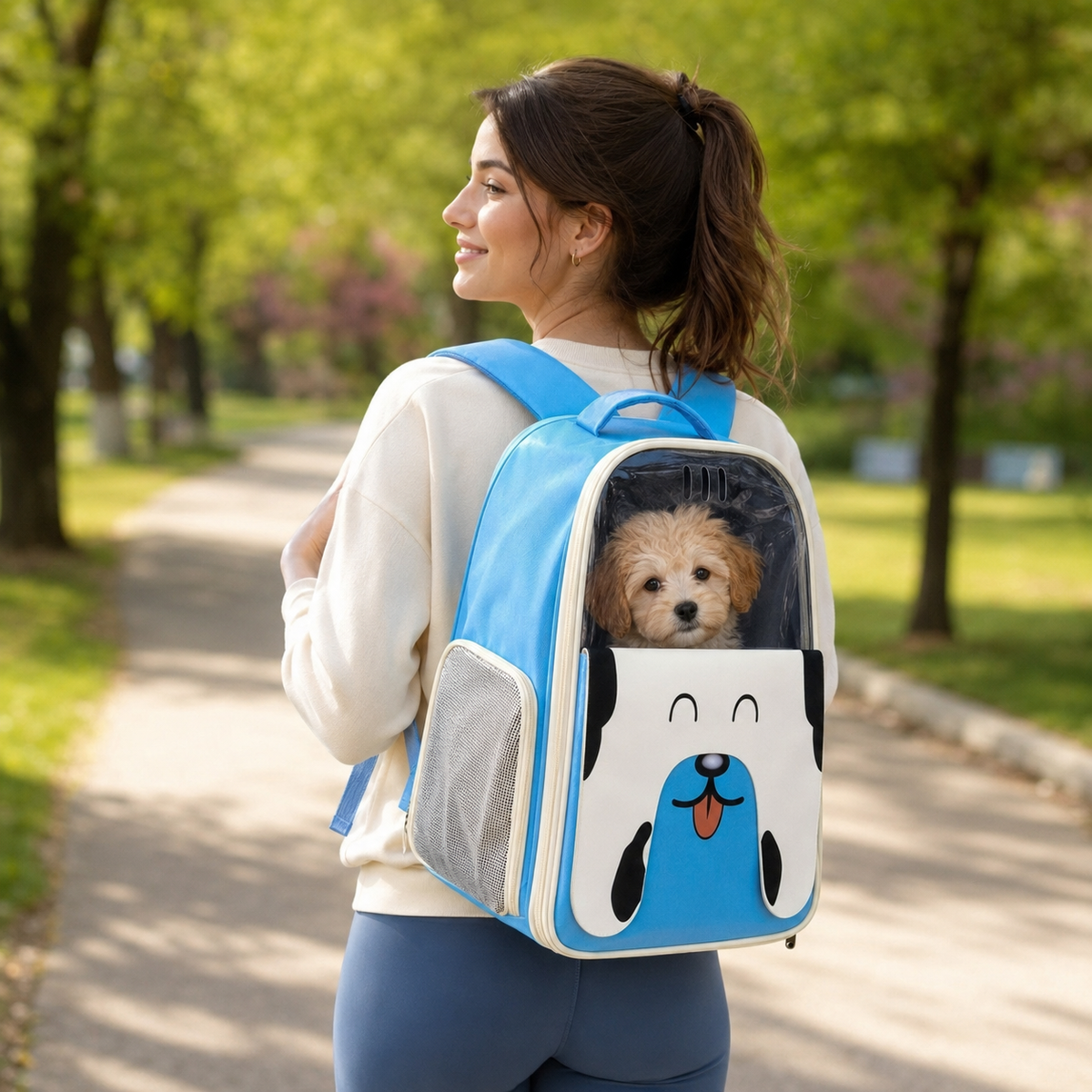 Sac à Dos de Transport pour Chat et Chien – Sac à Dos Voyage Respirant avec Fenêtre Transparente et Motif Chien Kawaii